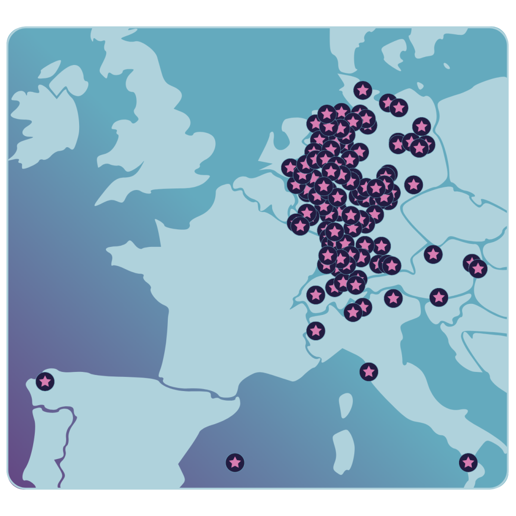 Landkarte von Europa mit revoloud-Standorten symbolisiert durch Sterne